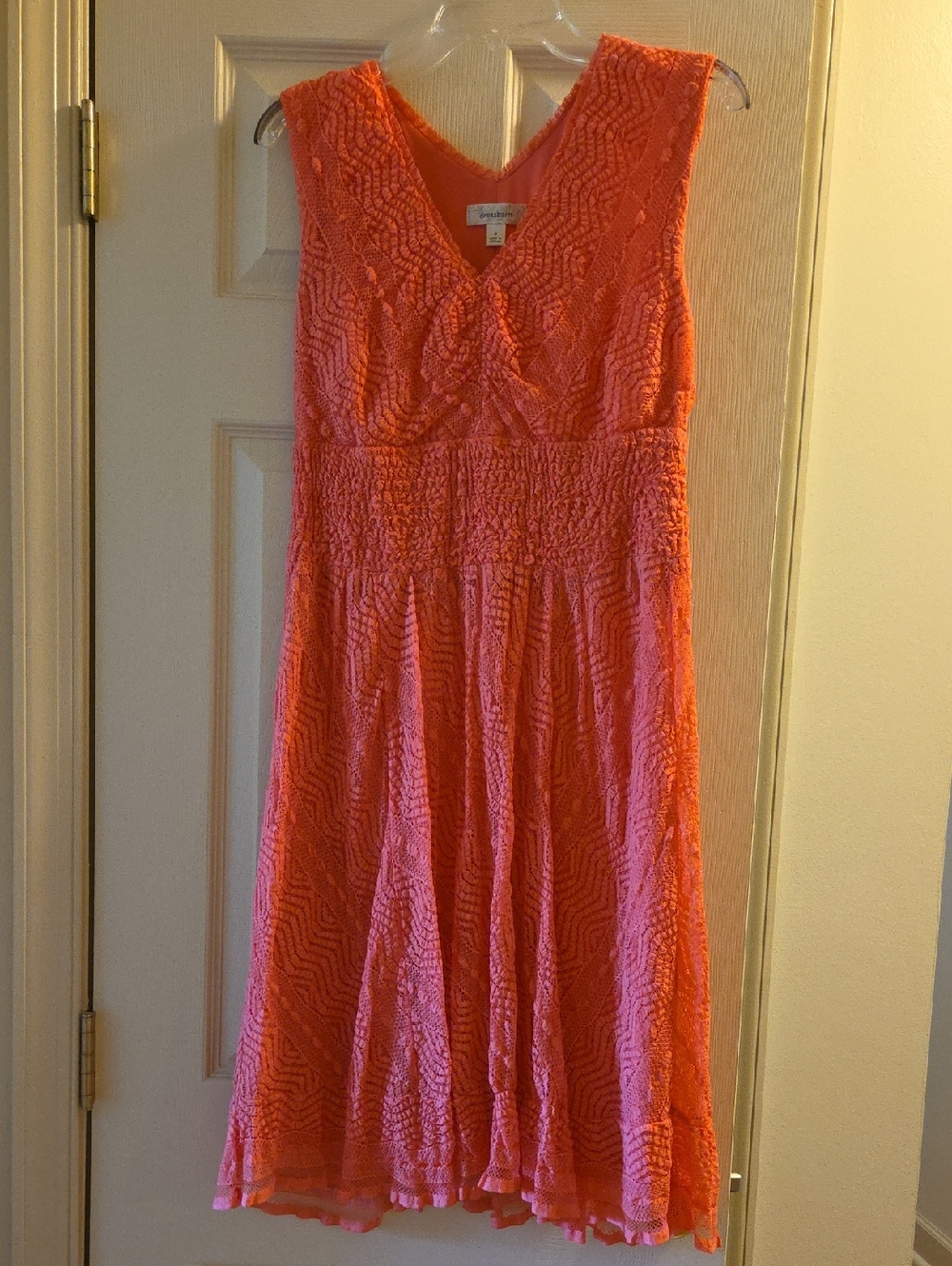 Dress Barn Coral V‑Neck Lace Fit & Flare Dress